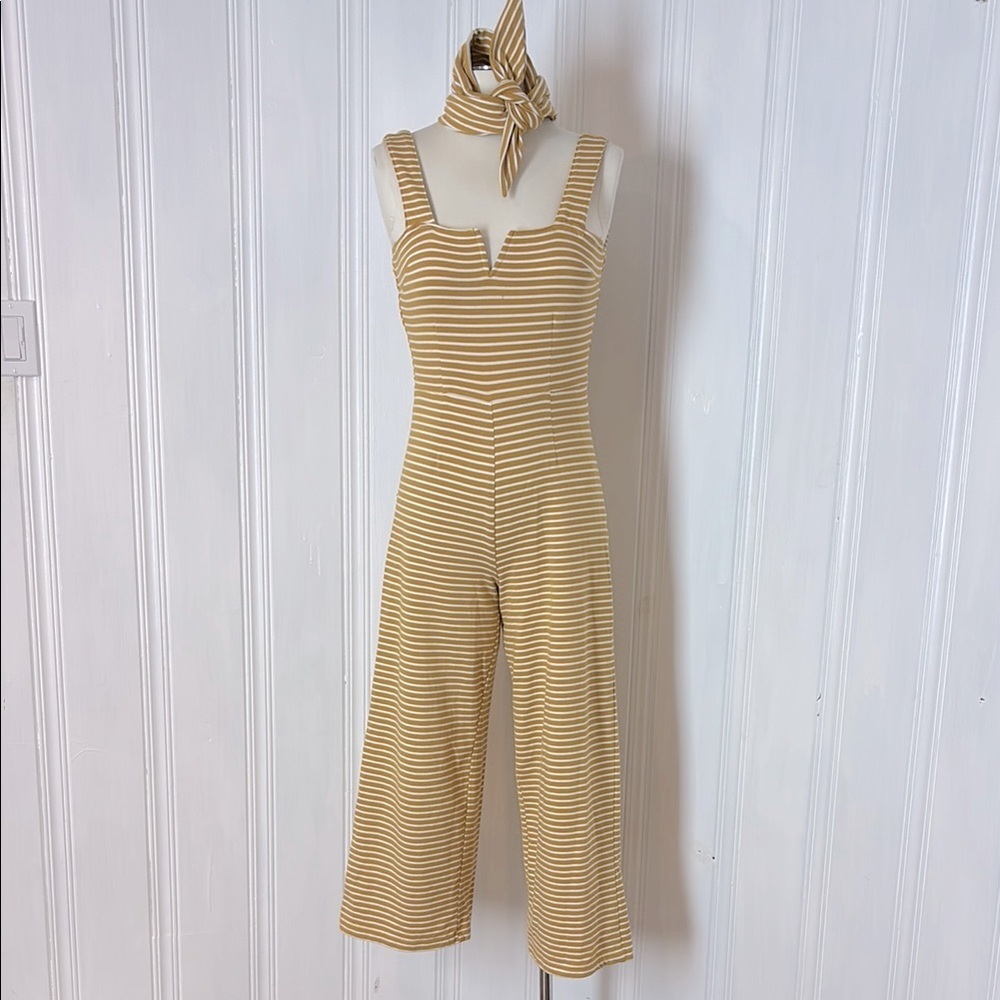 Mustard Yellow & White Striped Cropped Jumpsuit with Matching Scarf
